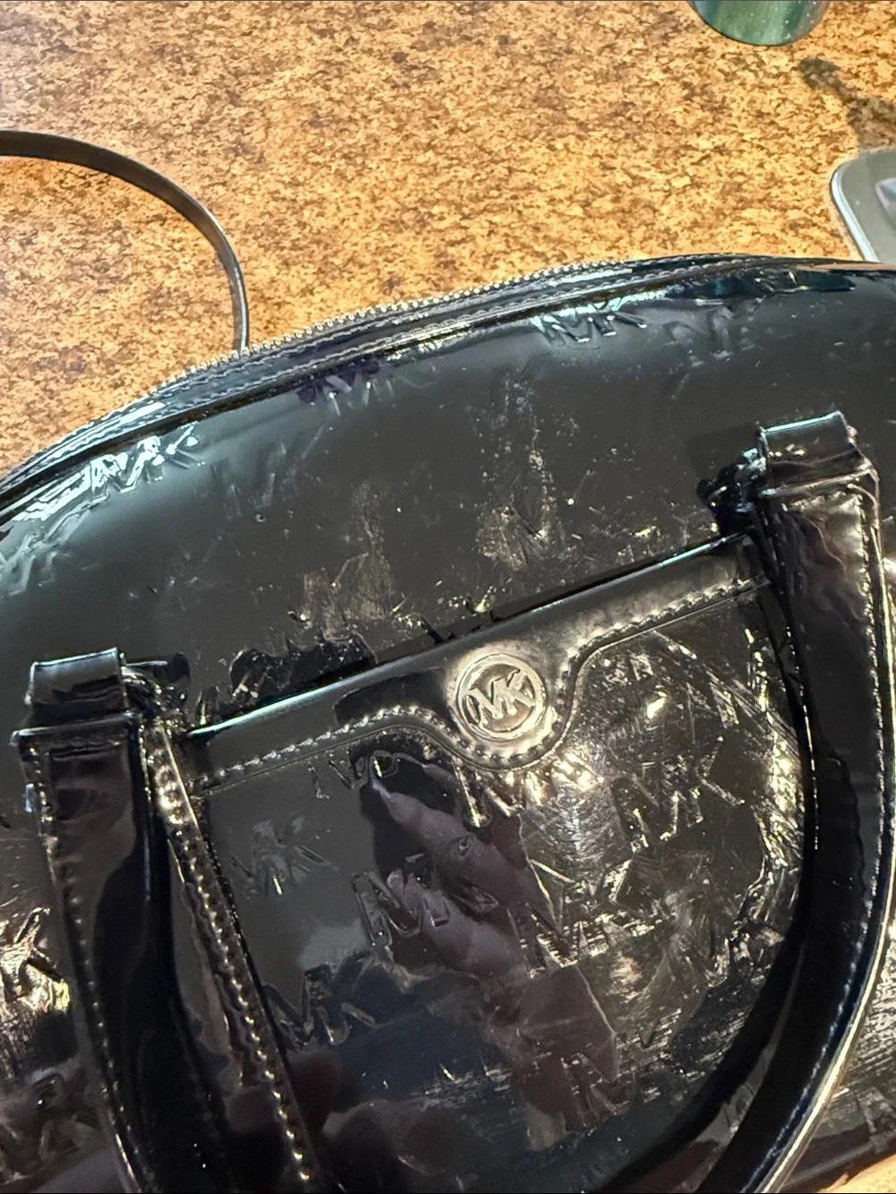 Michael Kors Black Patent Dome Satchel with MK Embossing